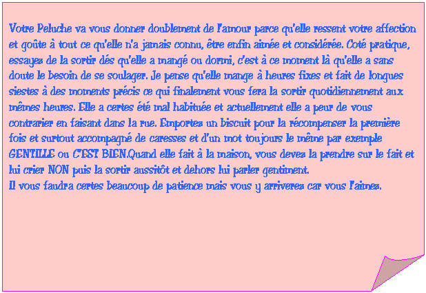 Carr&eacute; corn&eacute;: Votre Peluche va vous donner doublement de l'amour parce qu'elle ressent votre affection et go&ucirc;te &agrave; tout ce qu'elle n'a jamais connu, &ecirc;tre enfin aim&eacute;e et consid&eacute;r&eacute;e. Cot&eacute; pratique, essayez de la sortir d&eacute;s qu'elle a mang&eacute; ou dormi, c'est &agrave; ce moment l&agrave; qu'elle a sans doute le besoin de se soulager. Je pense qu'elle mange &agrave; heures fixes et fait de longues siestes &agrave; des moments pr&eacute;cis ce qui finalement vous fera la sortir quotidiennement aux m&ecirc;mes heures. Elle a certes &eacute;t&eacute; mal habitu&eacute;e et actuellement elle a peur de vous contrarier en faisant dans la rue. Emportez un biscuit pour la r&eacute;compenser la premi&egrave;re fois et surtout accompagn&eacute; de caresses et d'un mot toujours le m&ecirc;me par exemple GENTILLE ou C'EST BIEN.Quand elle fait &agrave; la maison, vous devez la prendre sur le fait et lui crier NON puis la sortir aussit&ocirc;t et dehors lui parler gentiment.
Il vous faudra certes beaucoup de patience mais vous y arriverez car vous l'aimez.

