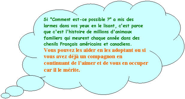 Pens&eacute;es: Si "Comment est-ce possible ?" a mis des larmes dans vos yeux en le lisant, c'est parce que c'est l'histoire de millions d'animaux familiers qui meurent chaque ann&eacute;e dans des chenils Fran&ccedil;ais am&eacute;ricains et canadiens.
Vous pouvez les aider en les adoptant ou si vous avez d&eacute;j&agrave; un compagnon en continuant de l�faimer et de vous en occuper car il le m&eacute;rite.
