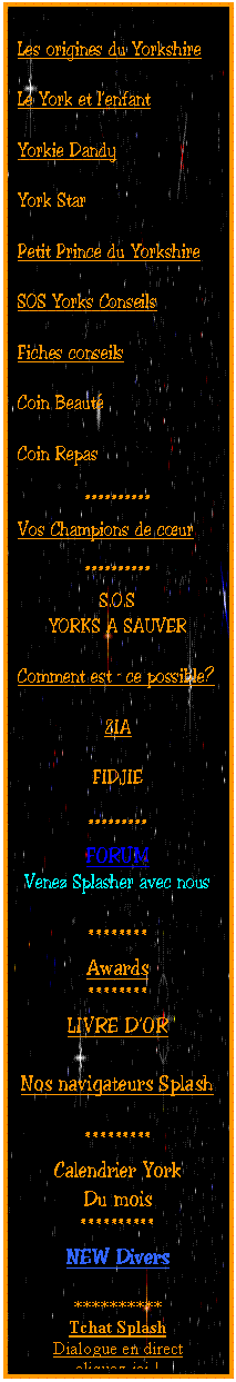 Zone de Texte: Les origines du Yorkshire 

Le York et l�enfant

Yorkie Dandy

York Star

Petit Prince du Yorkshire 

SOS Yorks Conseils

Fiches conseils

Coin Beaut�

Coin Repas 

**********
Vos Champions de c�ur

**********
S.O.S
YORKS A SAUVER

Comment est � ce possible?

ZIA

FIDJIE

*********
FORUM 
Venez Splasher avec nous

********
Awards
********
LIVRE D�OR

Nos navigateurs Splash

*********
Calendrier York
Du mois
**********
NEW Divers

**********
Tchat Splash
Dialogue en direct
cliquez-ici !
